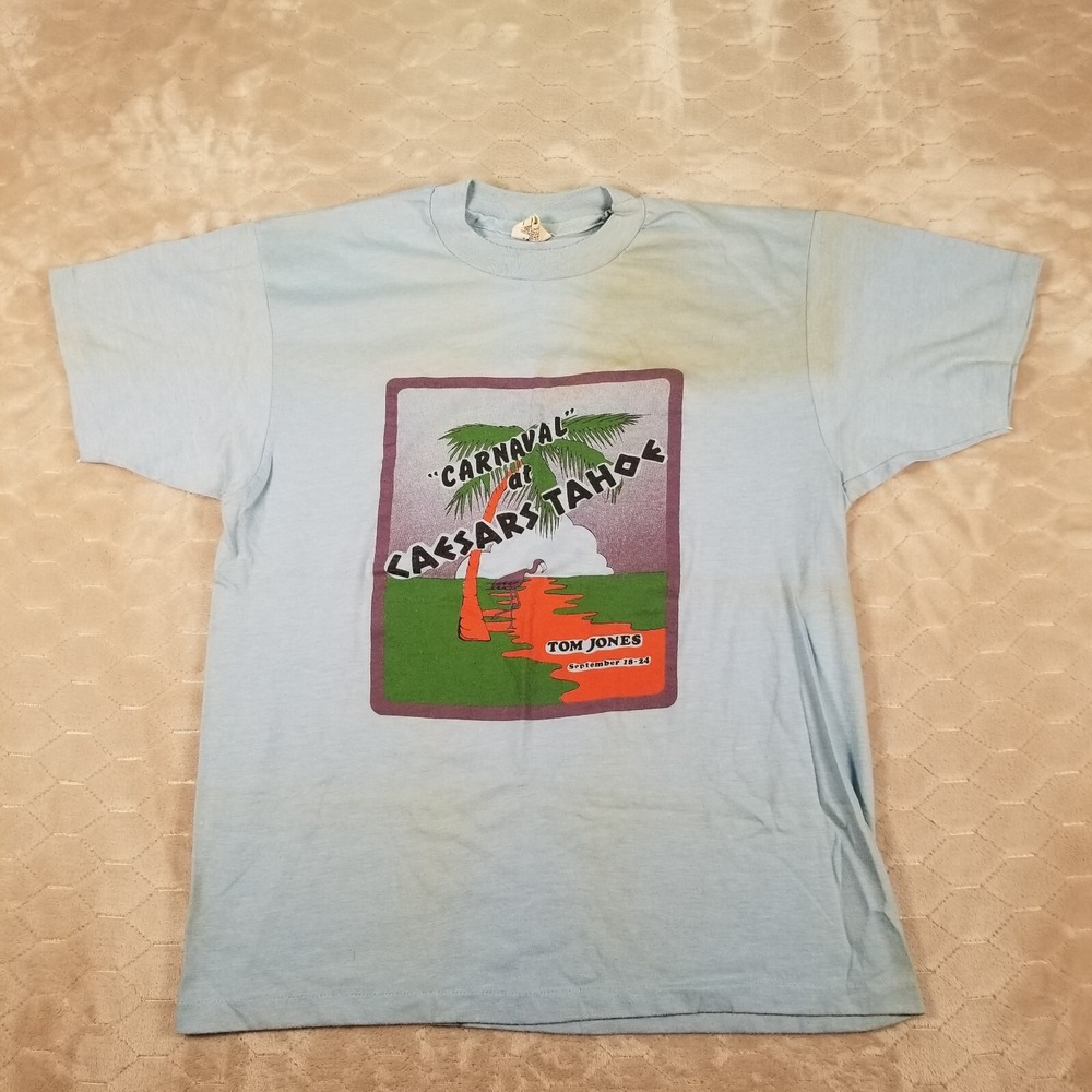 VTG Tom Jones Caesars Lake Tahoe Concert Shirt Hanes 50/50 Single Stitch Blue L
